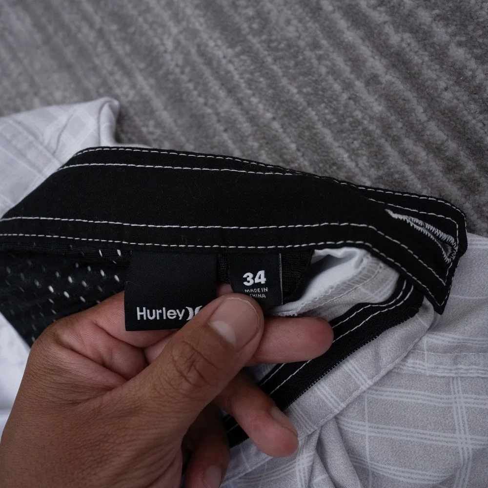 Hurley Mens Grey White Plaid Board Shorts Swim Trunks Size 34 Fit 35x9